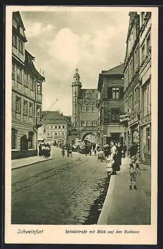 AK Schweinfurt, Spitalstrasse mit Blick auf das Rathaus