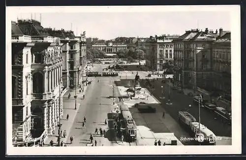 AK Wien, Schwarzbergplatz aus der Vogelschau mit Strassenbahnen