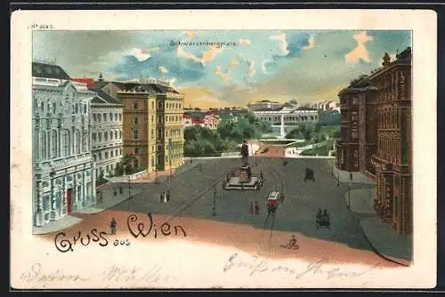 Lithographie Wien, Schwarzenbergplatz mit Pferdebahn