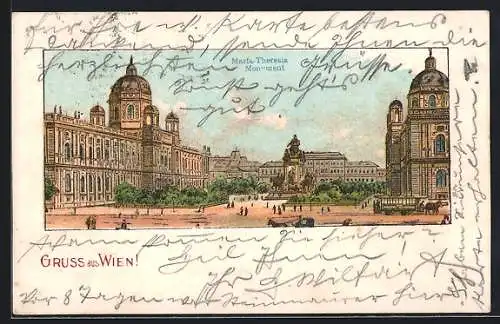Lithographie Wien I, Maria-Theresia-Monument, Pferde-Tram, Wappen