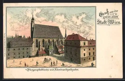 AK Alt-Wien, Bürgerspitalkirche und Kärntnerthortheater aus der Vogelschau