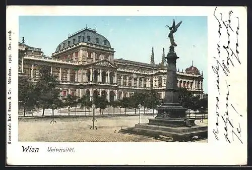 Goldfenster-AK Wien, Universität mit leuchtenden Fenstern