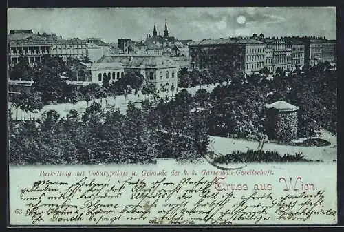 Mondschein-AK Wien, Park-Ring mit Coburgpalais und Gebäude der k. k. Gartenbau-Gesellschaft
