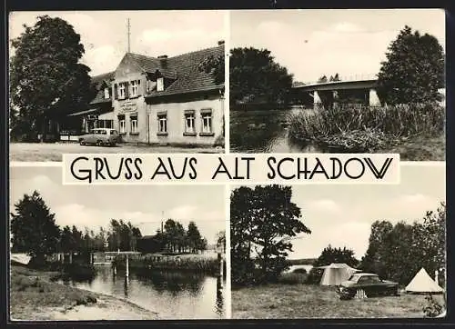 AK Alt-Schadow, Gasthaus zum Birkenwäldchen, Brücke über die Spree und Blick auf die Schleuse