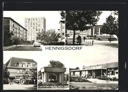 AK Hennigsdorf bei Berlin, HO-Kaufhalle, Postamt, Denkmal, Strassenpartie