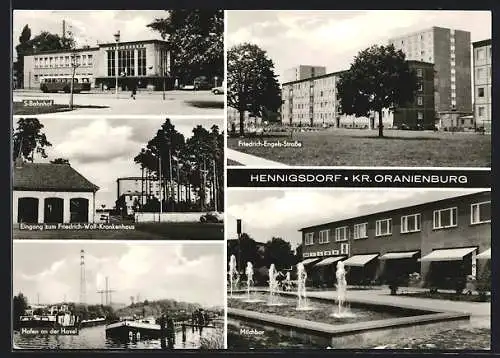 AK Hennigsdorf, S-Bahnhof, Friedrich-Engels-Strasse, Friedrich-Wolf-Krankenhaus, Hafen und Milchbar