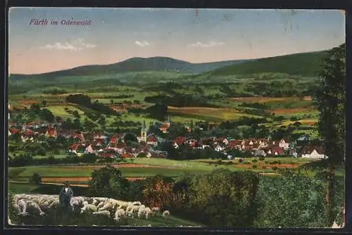 AK Fürth im Odenwald, Ortsansicht mit Umgebung, Schäfer mit Herde