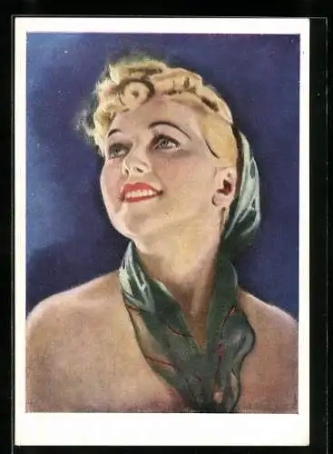 Künstler-AK Art Deco, schöne blonde Frau mit grünem Halstuch