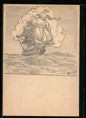 Künstler-AK Handgemalt: Segelschiff auf hoher See mit grosser Wolke im Hintergrund