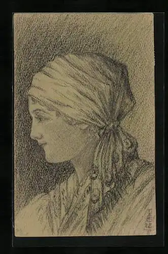Künstler-AK Handgemalt: Portrait eines schönen Fräuleins mit Kopftuch