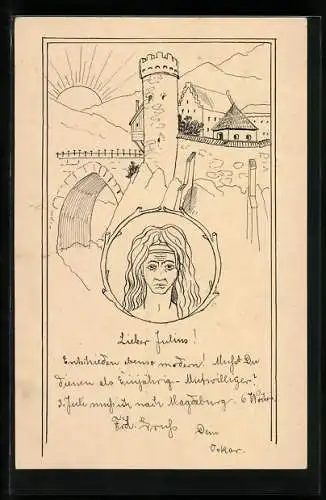 Künstler-AK Handgemalt: Portrait Frau mit langen Haaren, Stadtmauer mit Turm