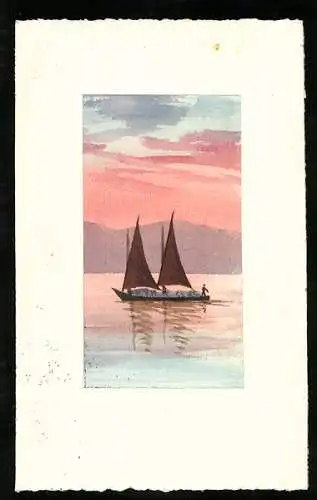 Künstler-AK Handgemalt: Segelboot auf See bei Sonnenuntergang