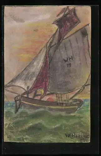 Künstler-AK Handgemalt: stürmische See mit Segelboot