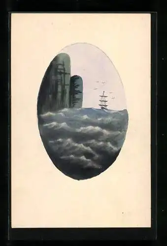 Künstler-AK Handgemalt: stürmische See mit Felsen und Segelschiff