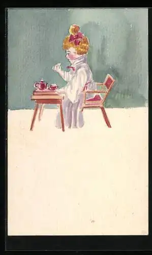 Künstler-AK Handgemalt: Mädchen sitzt an einem Tisch mit Tasse und Kanne