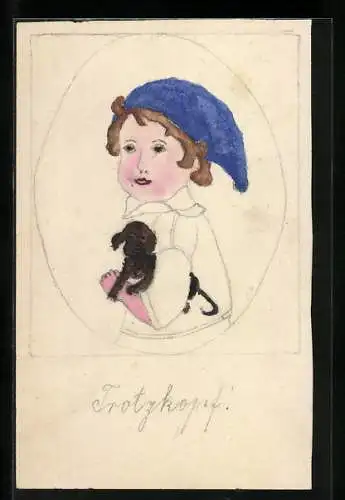 Künstler-AK Handgemalt: Knabe mit Hund unter dem Arm