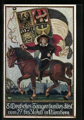 AK Nürnberg, 8.Deutsches Sängerbundesfest 1912, Mann auf Pferd mit Wappenfahne