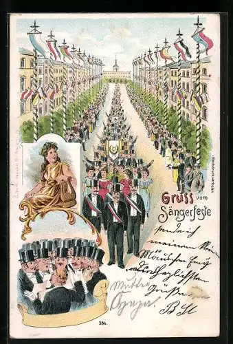 Lithographie Gruss vom Sängerfeste, Frau mit Lyra, Parade im flaggengeschmückten Ort, Männerchor