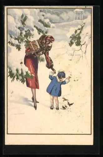 Künstler-AK Mutter mit Tochter im Schnee, Art Deco