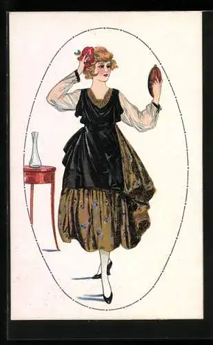 Künstler-AK Frau im eleganten Kleid mit Handspiegel, Art Deco