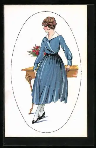 Künstler-AK Frau im blauen Kleid auf einem Schreibtisch sitzend, Art Deco