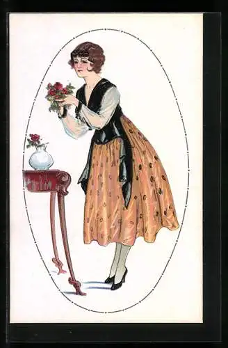 Künstler-AK Fräaulein im eleganten Kleid mit Blumen in der Hand, Art Deco