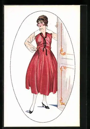 Künstler-AK Frau steht im eleganten roten Kleid an einer Tür, Art Deco