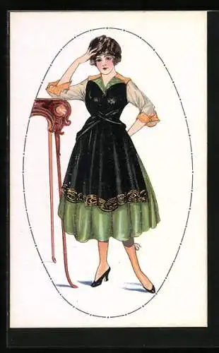 Künstler-AK Fräulein im eleganten Kleid, Art Deco