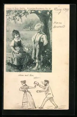 Vorläufer-Künstler-AK Handgemalt: 1893, Liebespaar in Tracht, Sardin, Kinderpaar Adam & Eva