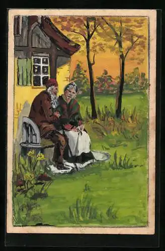 Künstler-AK Handgemalt: Betagtes Liebespaar sitzt auf einer Bank vor ihrem Haus