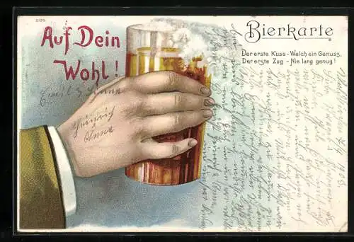 Künstler-AK Auf Dein Wohl!, Mann stösst mit Bier an