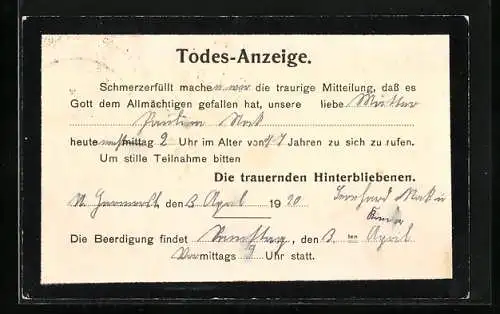 AK Todes-Anzeige von den trauernden Hinterbliebenen, Datum einer Beerdigung