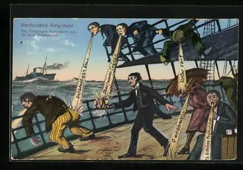AK Nordseebad Helgoland, Passagiere übergeben sich an Deck eines Schiffes