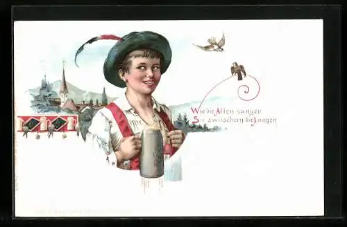 Lithographie Wie die Alten Singen, So zwitschern die Jungen, Frau in bayerischer Tracht mit Bierkrug