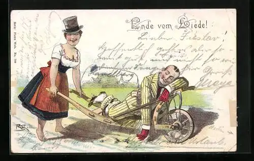 Künstler-AK Ende vom Liede!, Frau im Dirndl mit Zylinder schiebt einen Betrunkenen in der Schubkarre nach Hause