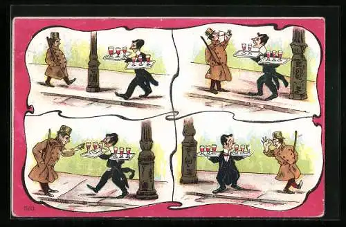 Künstler-AK Kellner serviert Weingläser auf zwei Tabletts, Mann trinkt heimlich davon, Serie in 4 Bildern