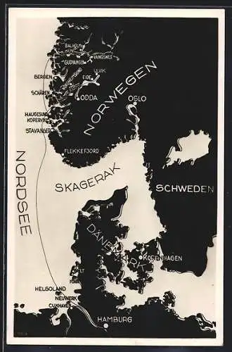 AK Norwegen, Karte des Reiseweg's in den Hardanger- & Sognefjord