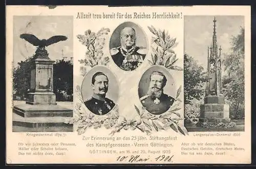 AK Porträt Kaiser Wilhelm I., Kriegerdenkmal, Langensalza Denkmal 1866, Spruch