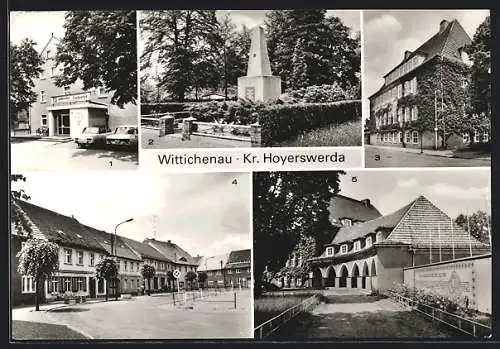 AK Wittichenau / Hoyerswerda, Konsum-Gaststätte Lindenhof, Sowj. Ehrenmal, St. Adalbert-Krankenhaus