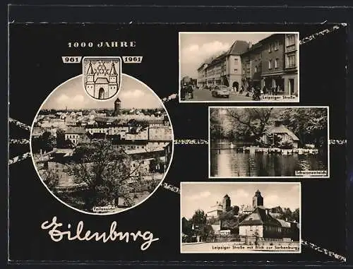 AK Eilenburg, Leipziger Strasse mit Sorbenburg, Schwanenteich, Wappen