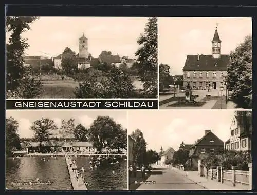 AK Schildau, Bahnhofstrasse, Freibad, Ortsansicht