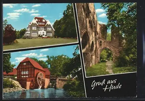 AK Hude /Oldbg., Ortsansicht mit Wassermühle