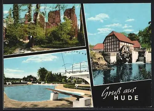 AK Hude i. Oldbg., Ortsansicht mit Mühle und Schwimmbad