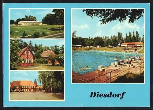 AK Diesdorf / Salzwedel, Sportplatz, Museum, Markt, Bad