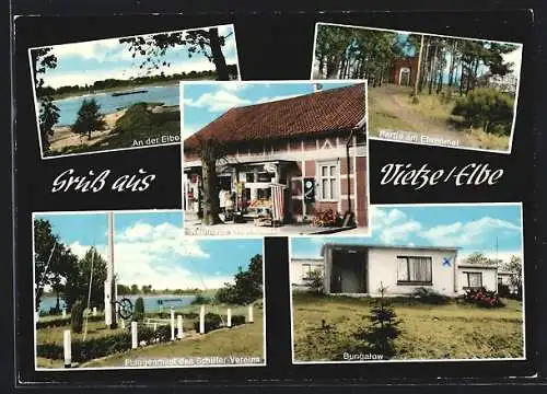 AK Vietze /Elbe, Bungalow, Flaggenmast, Elbepartie