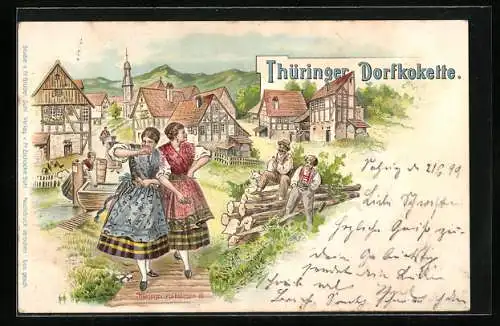Lithographie Thüringer Volksleben III., Dorfkokette, Mädchen in Tracht