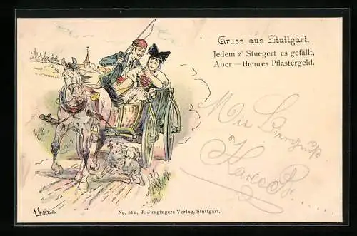 Lithographie Gruss aus Stuttagrt, schwäbisches Paar in Trachtenkleidung bei einer Kutschfahrt