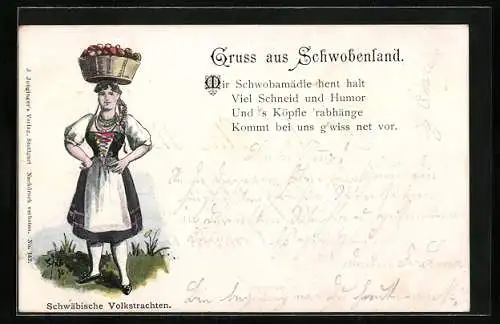 Lithographie Gruss aus dem Schwobenland, Schwäbin mit Apfelkorb auf dem Kopf