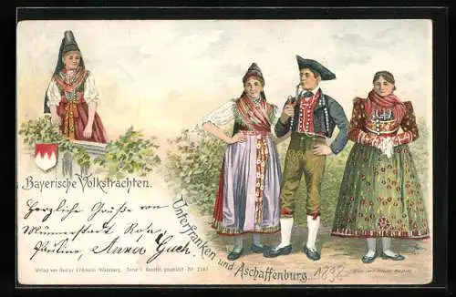 Lithographie Aschaffenburg, Frauen aus Unterfranken in bayerischer Tracht