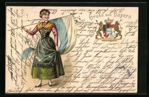 Präge-Lithographie Bayern, Fräulein mit Flagge im Trachtenkleid, Wappen